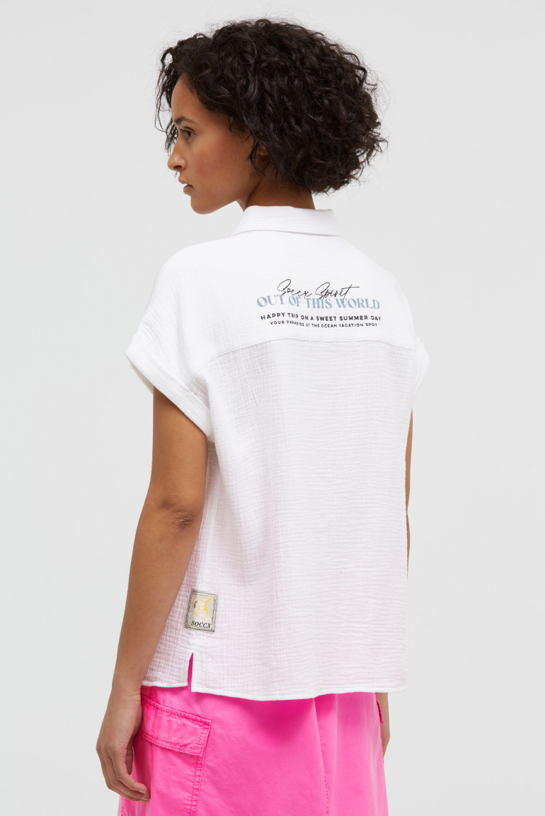 Ärmellose Musselin-Bluse mit Rückenprint opticwhite
