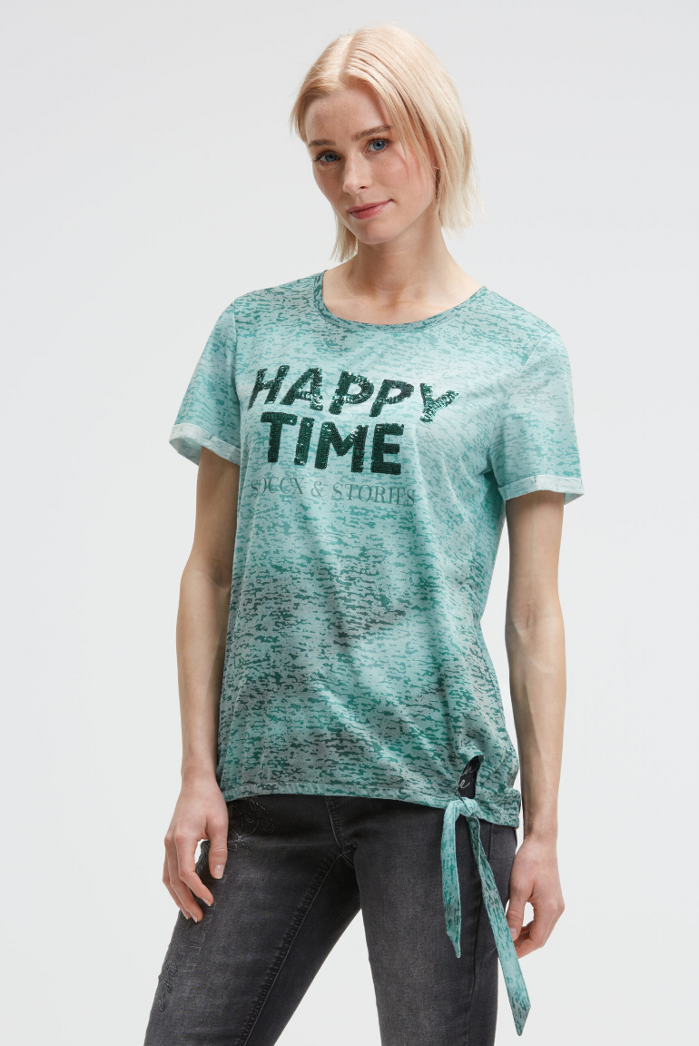 Ausbrenner-Shirt mit Pailletten-Wording topaz