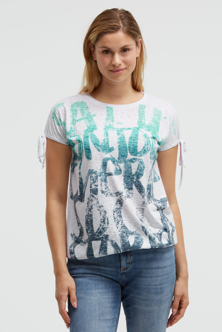 Ausbrenner-Shirt mit Print und Tunnelzugbändern opticwhite