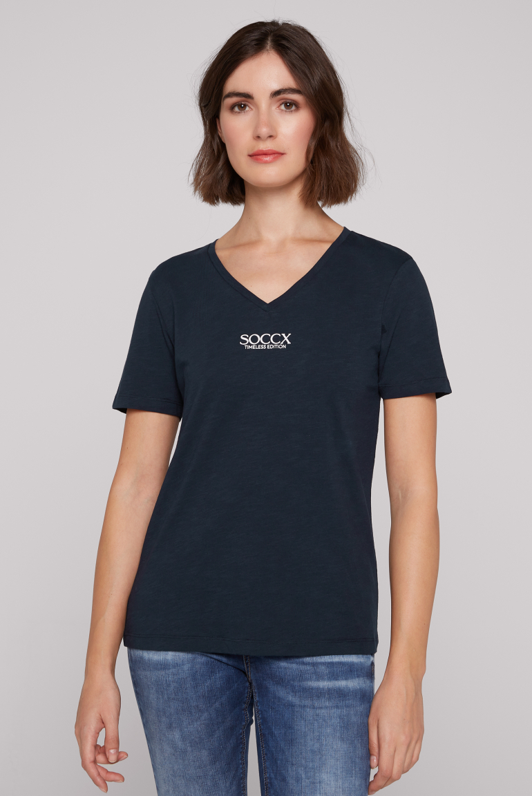 Basic T-Shirt mit V-Ausschnitt und Logo blue navy