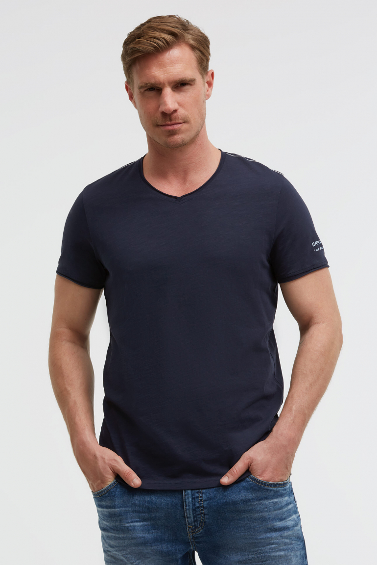 Basic T-Shirt mit V-Neck und Print blue navy