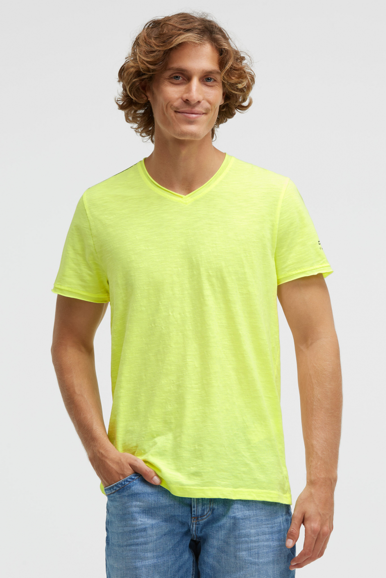Basic T-Shirt mit V-Neck und Print neon lime