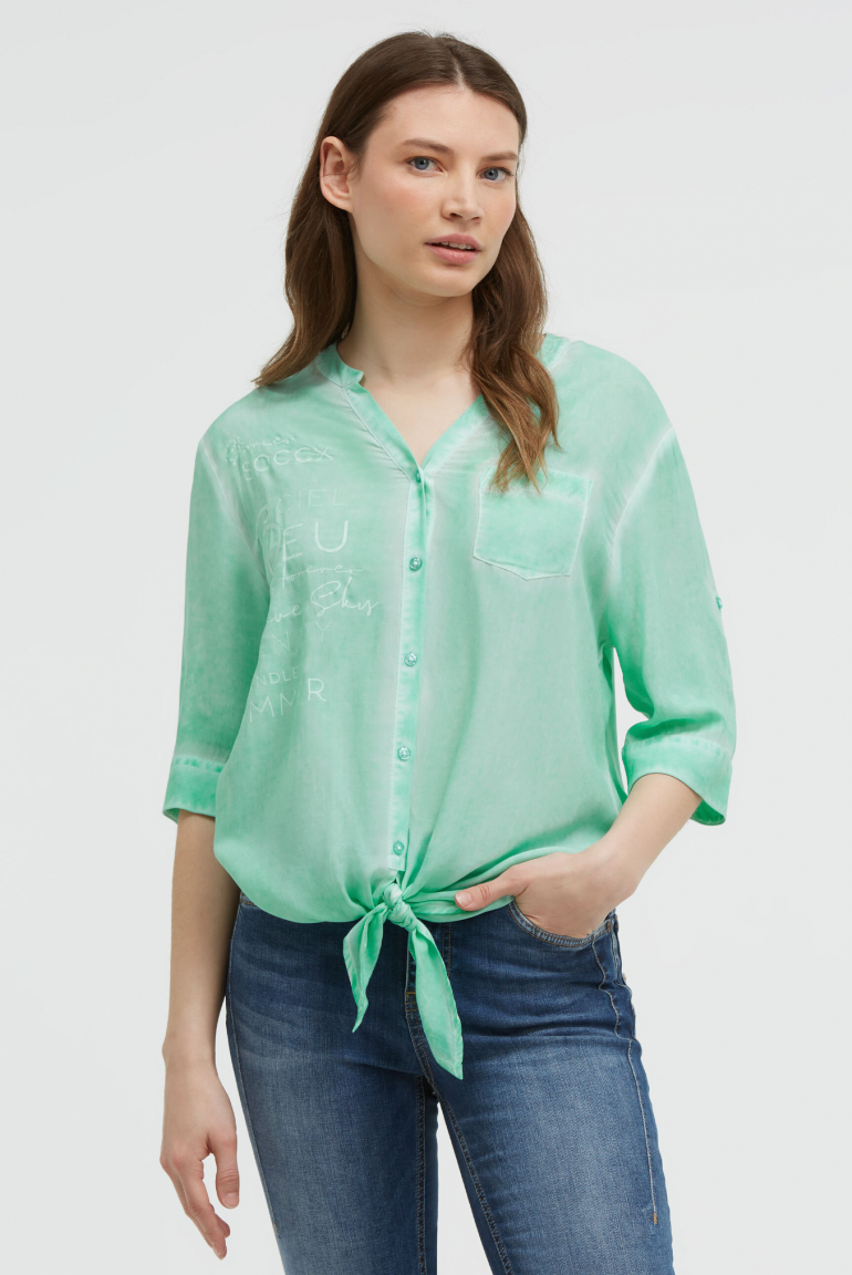 Bluse Kurzarm mit Knotensaum und Print french mint