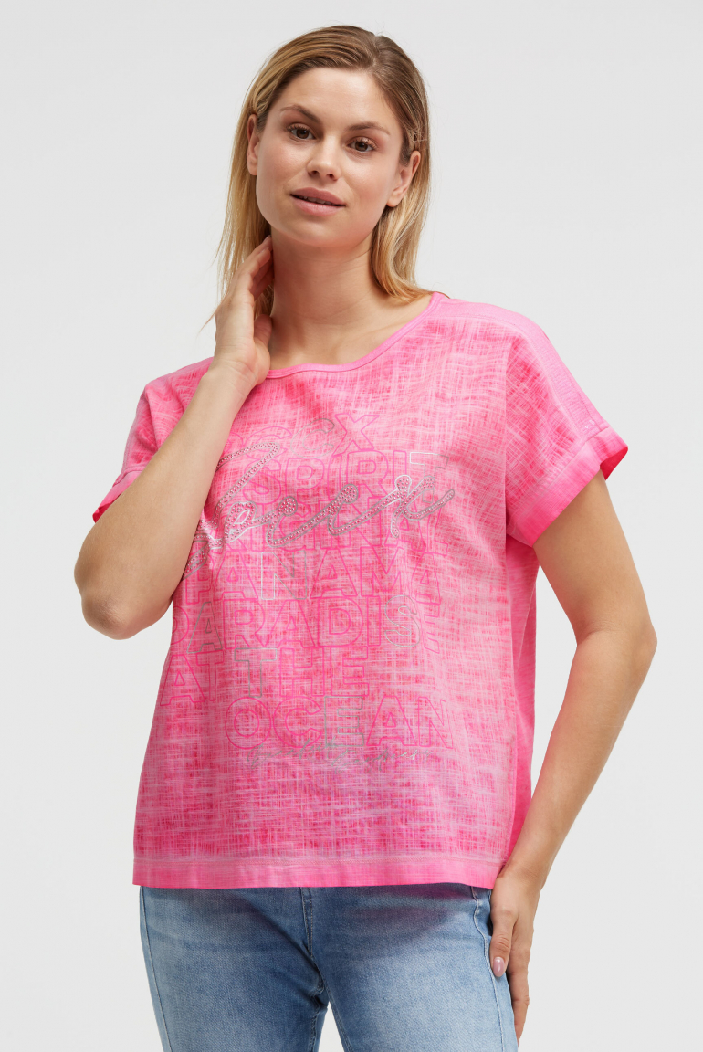 Blusenshirt im Stoffmix mit Artwork neon magenta
