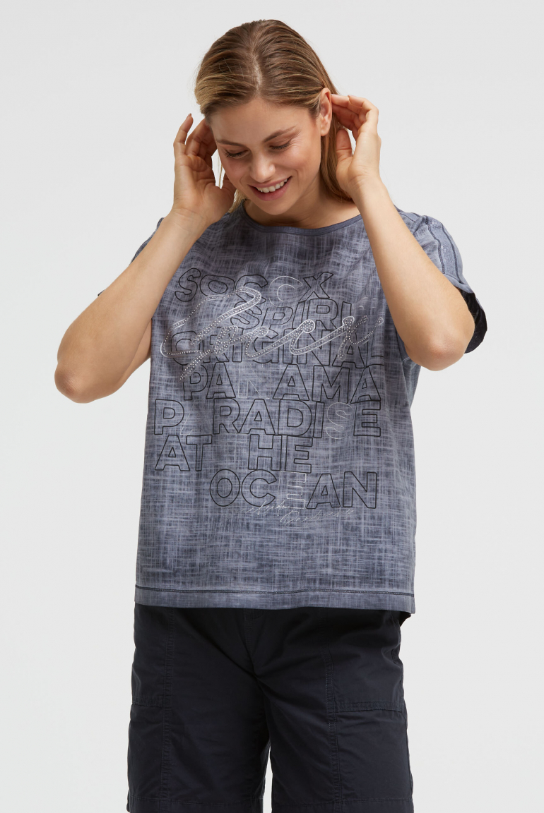 Blusenshirt im Stoffmix mit Artwork blue navy
