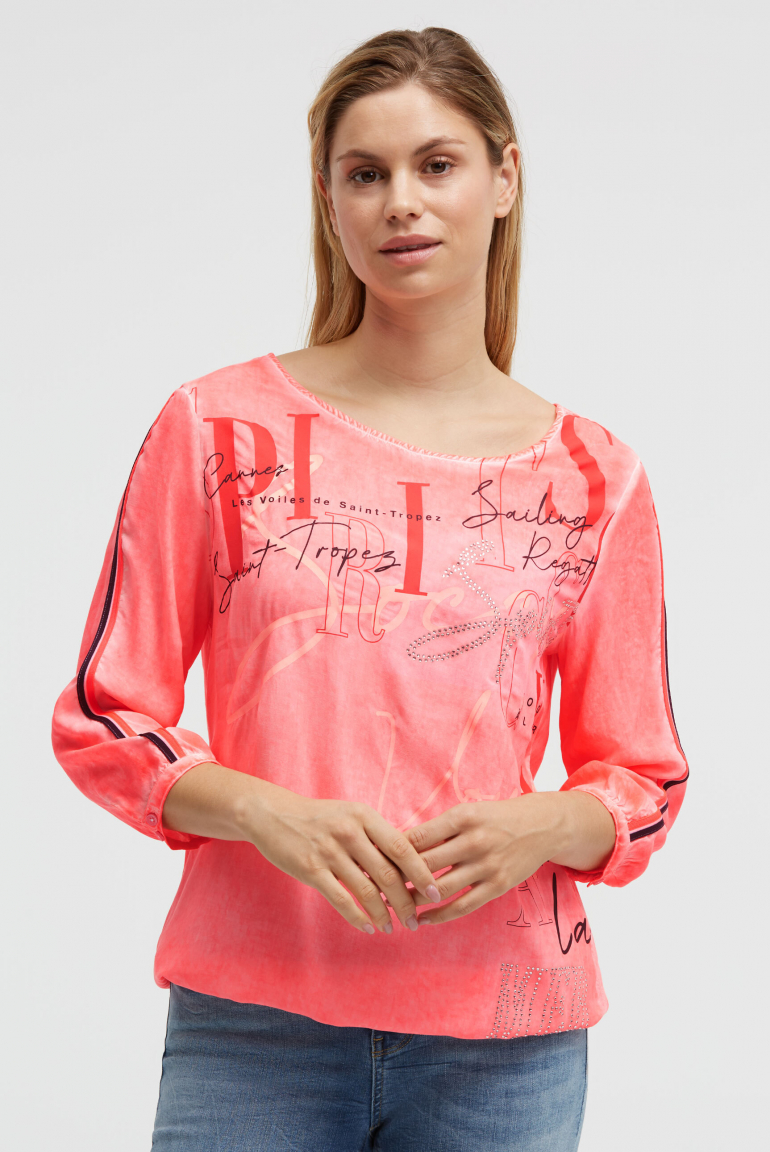 Blusenshirt mit Tapes, Print und Schmucksteinen red neon
