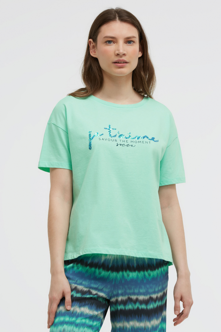 Boxy T-Shirt mit Pailletten-Artwork french mint