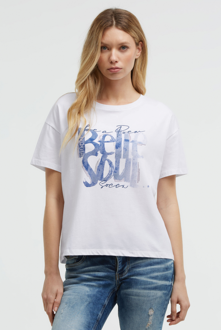 Boxy T-Shirt mit Print und Schmucksteinen opticwhite