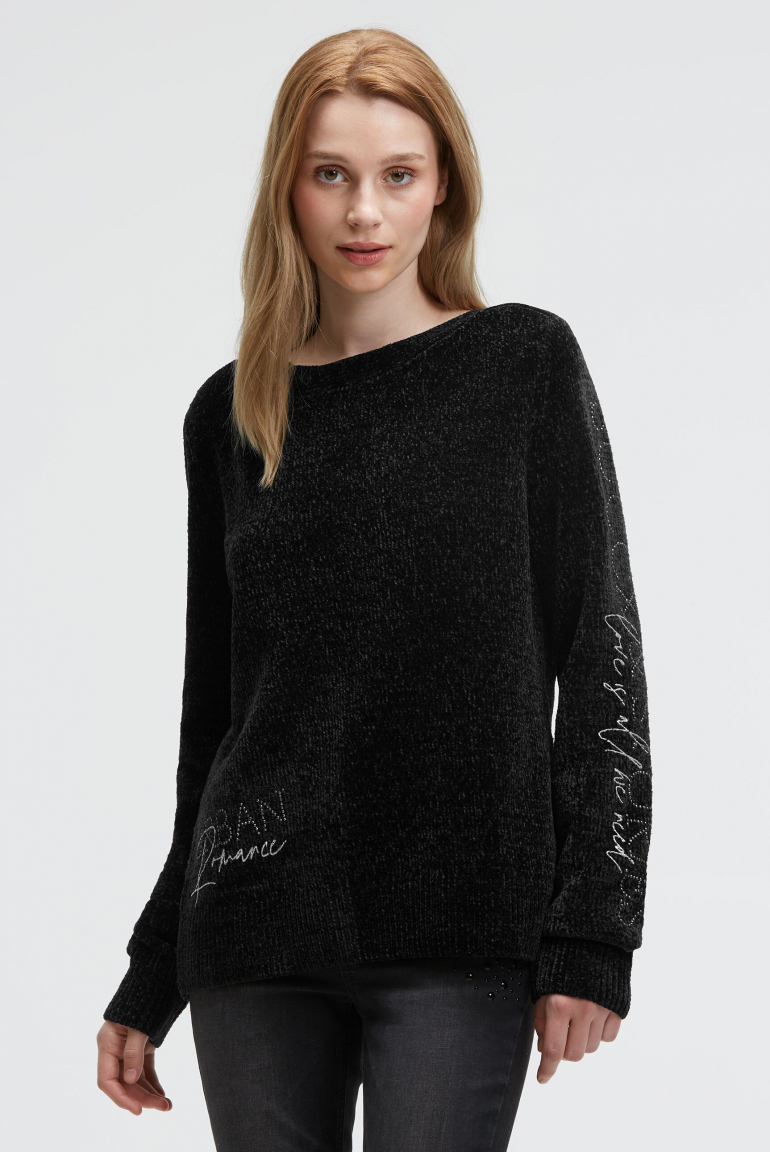Chenille-Pullover mit Glitzer-Artworks black