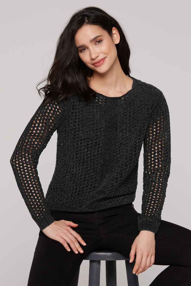Chenille-Pullover mit U-Bootausschnitt black
