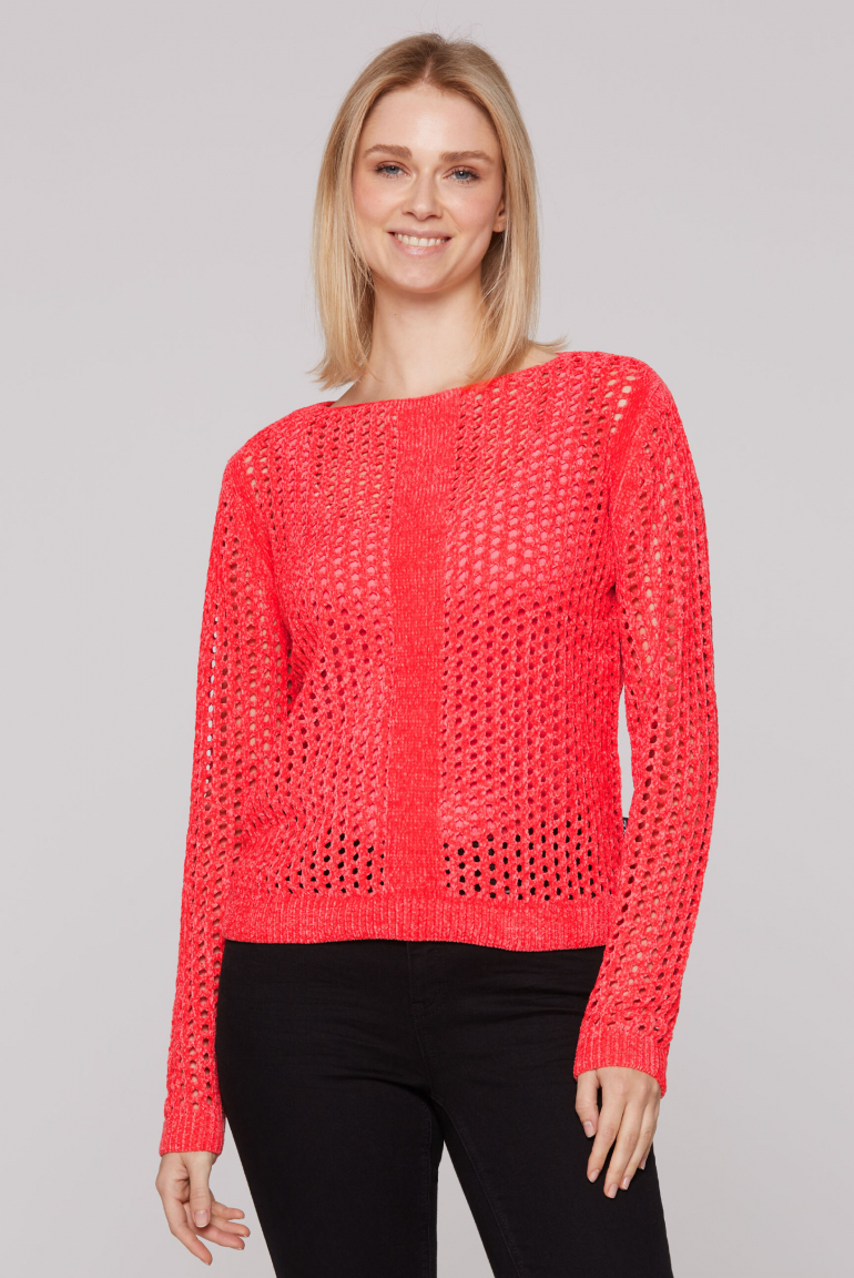 Chenille-Pullover mit U-Bootausschnitt juicy coral