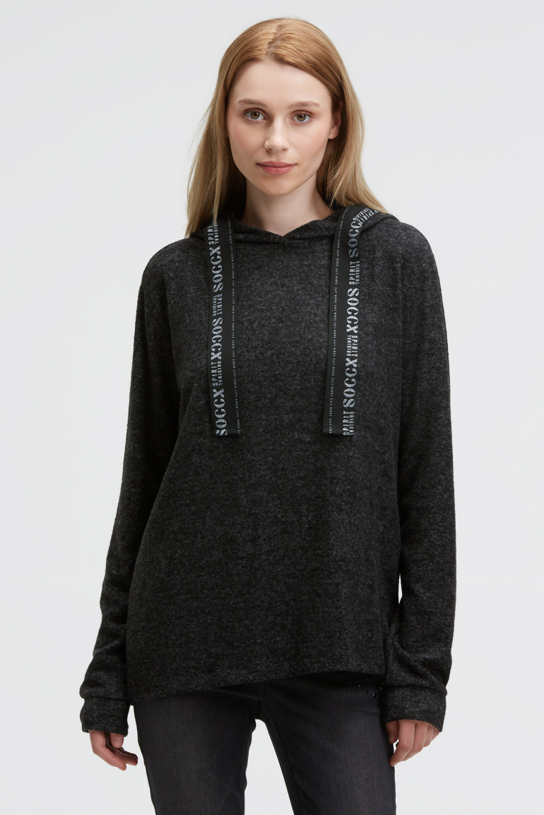 Flauschstrickpullover mit Logo-Tape an der Kapuze black melange