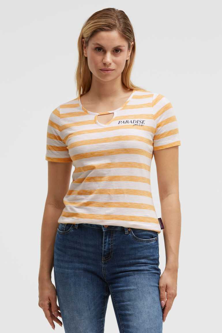 Gestreiftes T-Shirt mit Cut-Out und Print fresh mango
