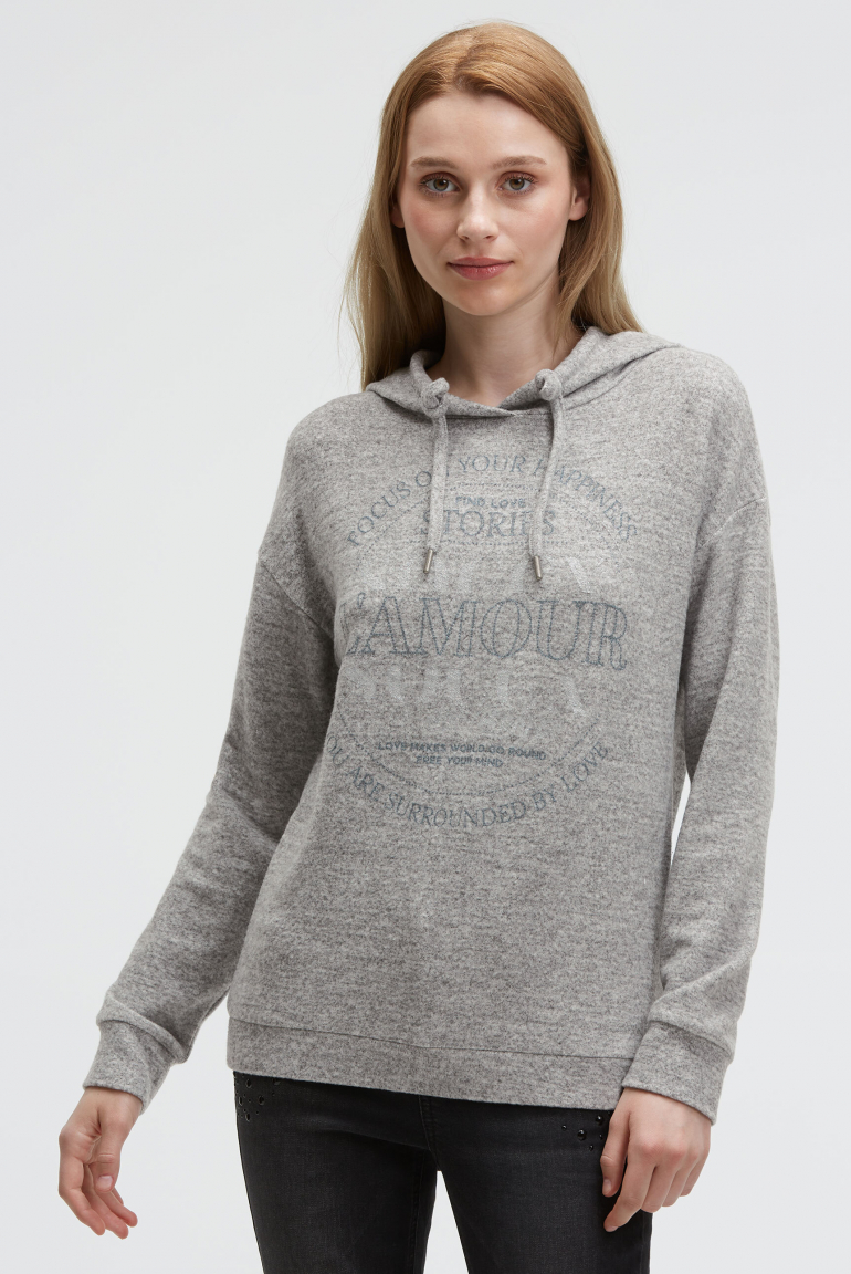 Hoodie aus Flauschstrick mit Glitzer-Print grey melange
