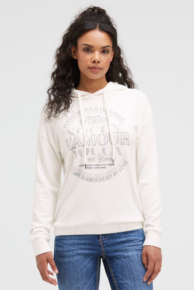 Hoodie aus Flauschstrick mit Glitzer-Print ivory