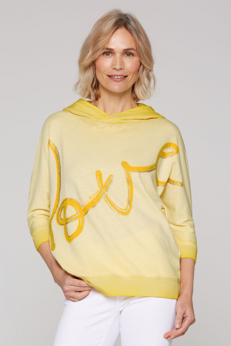 Hoodie mit kurzen Fledermausärmeln und Folienprint soft yellow