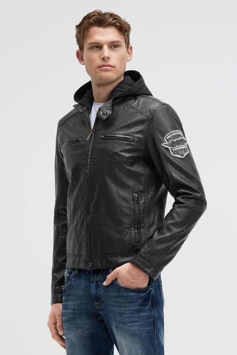Jacke aus Kunstleder mit abknöpfbarer Sweatkapuze black / black