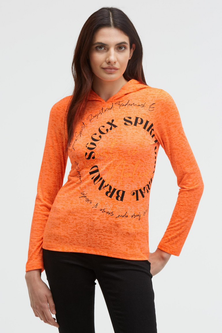 Kapuzenshirt mit Ausbrenner-Effekten und Artwork brilliant orange neon
