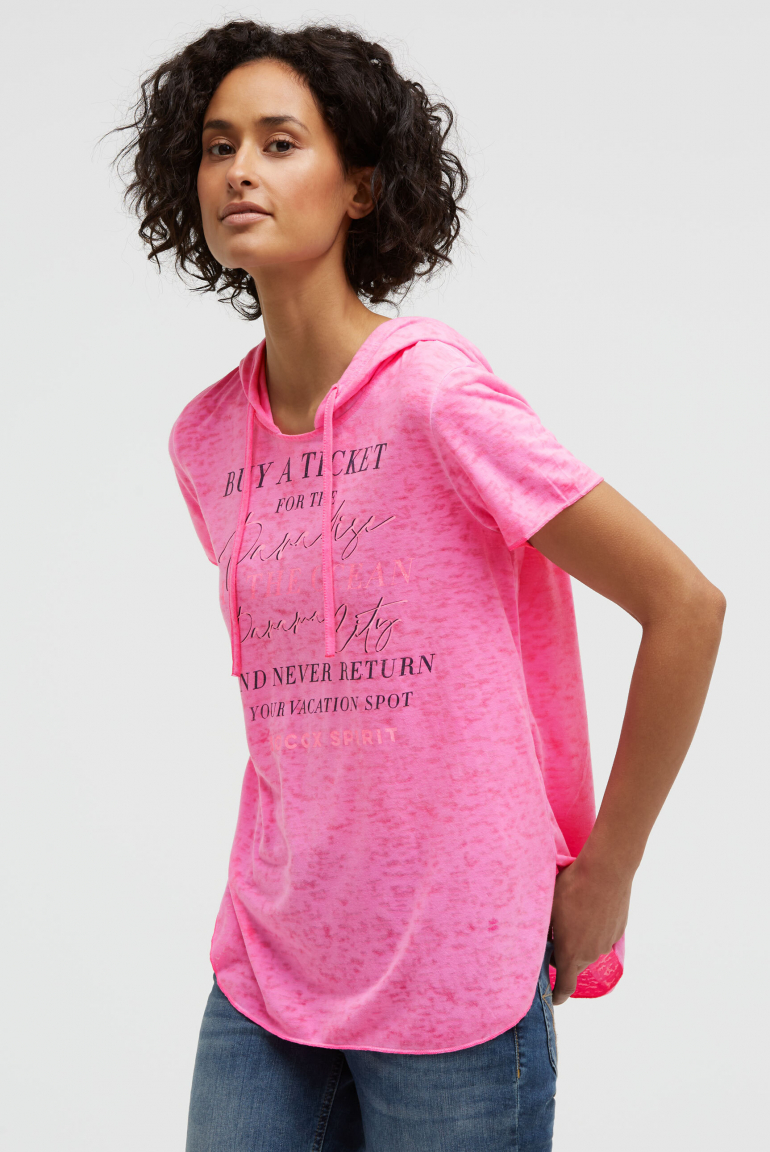 Kapuzenshirt mit Ausbrenner-Effekten und Artwork neon magenta