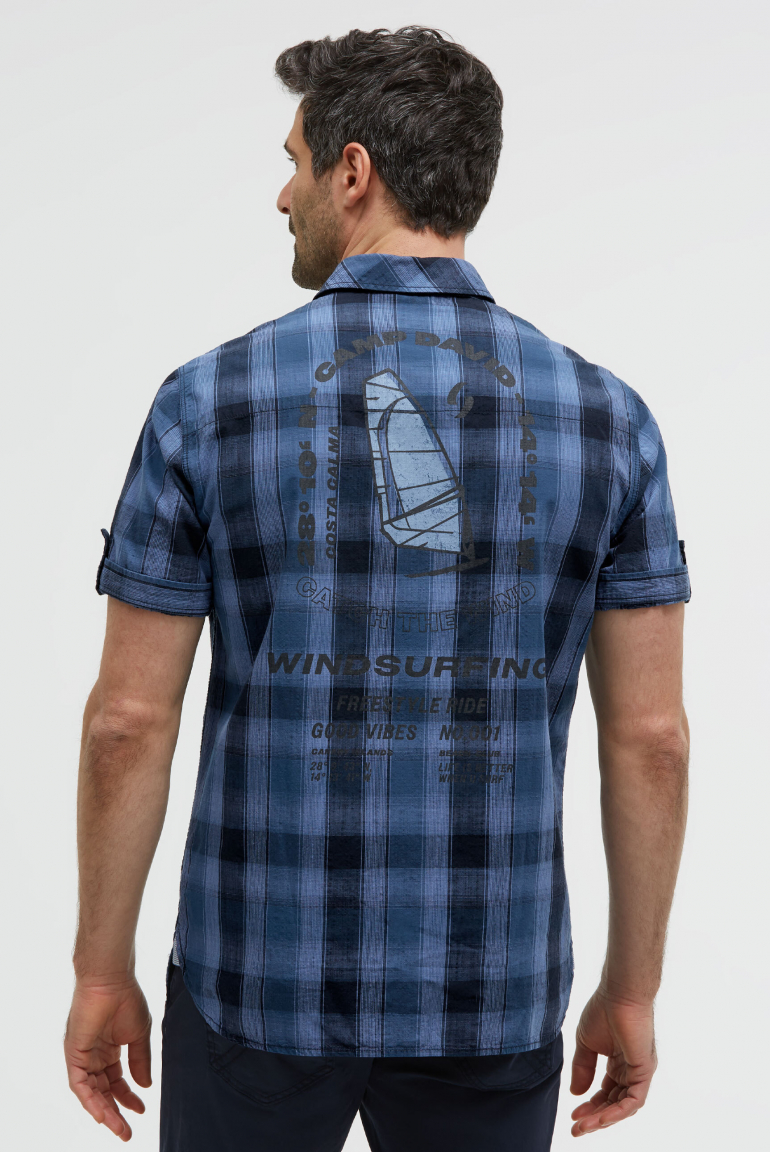 Karohemd Kurzarm mit Klappentaschen und Back-Print harbour blue