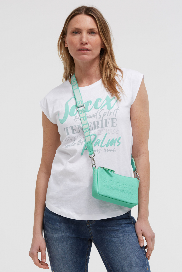 Kleine Umhängetasche mit Logo und Intarsia-Webriemen misty mint