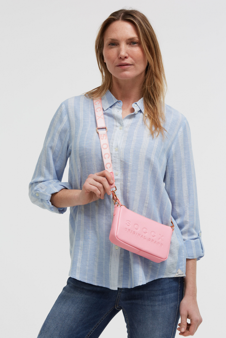 Kleine Umhängetasche mit Logo und Intarsia-Webriemen french rose