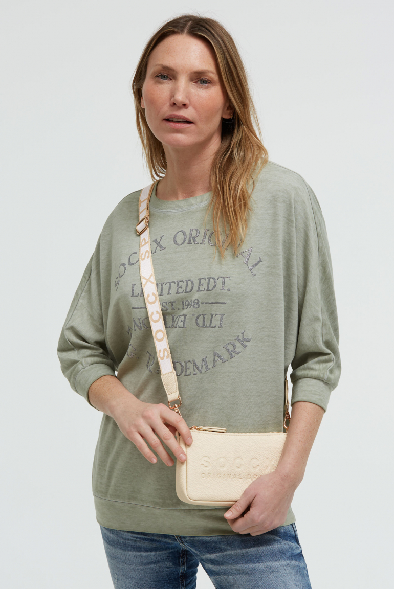 Kleine Umhängetasche mit Logo und Intarsia-Webriemen old sand