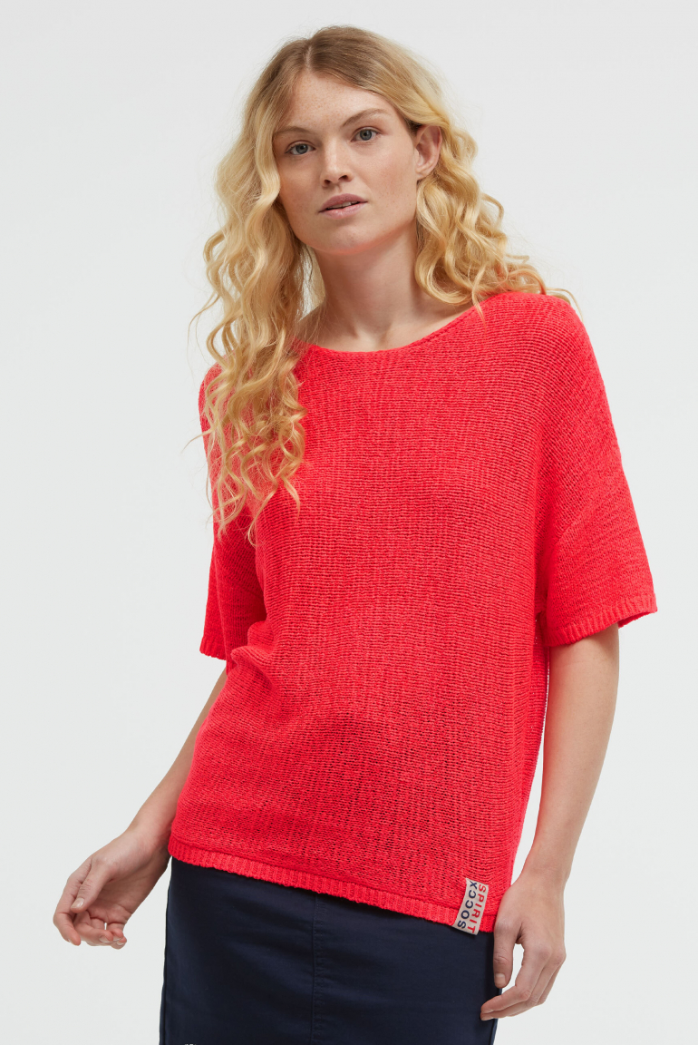 Kurzarm-Pullover aus Bändchengarn red neon