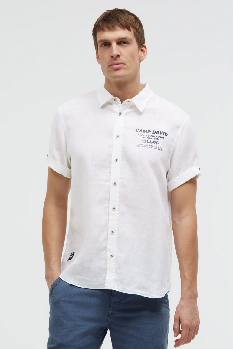 Kurzarmhemd aus Leinen mit Logo Prints opticwhite