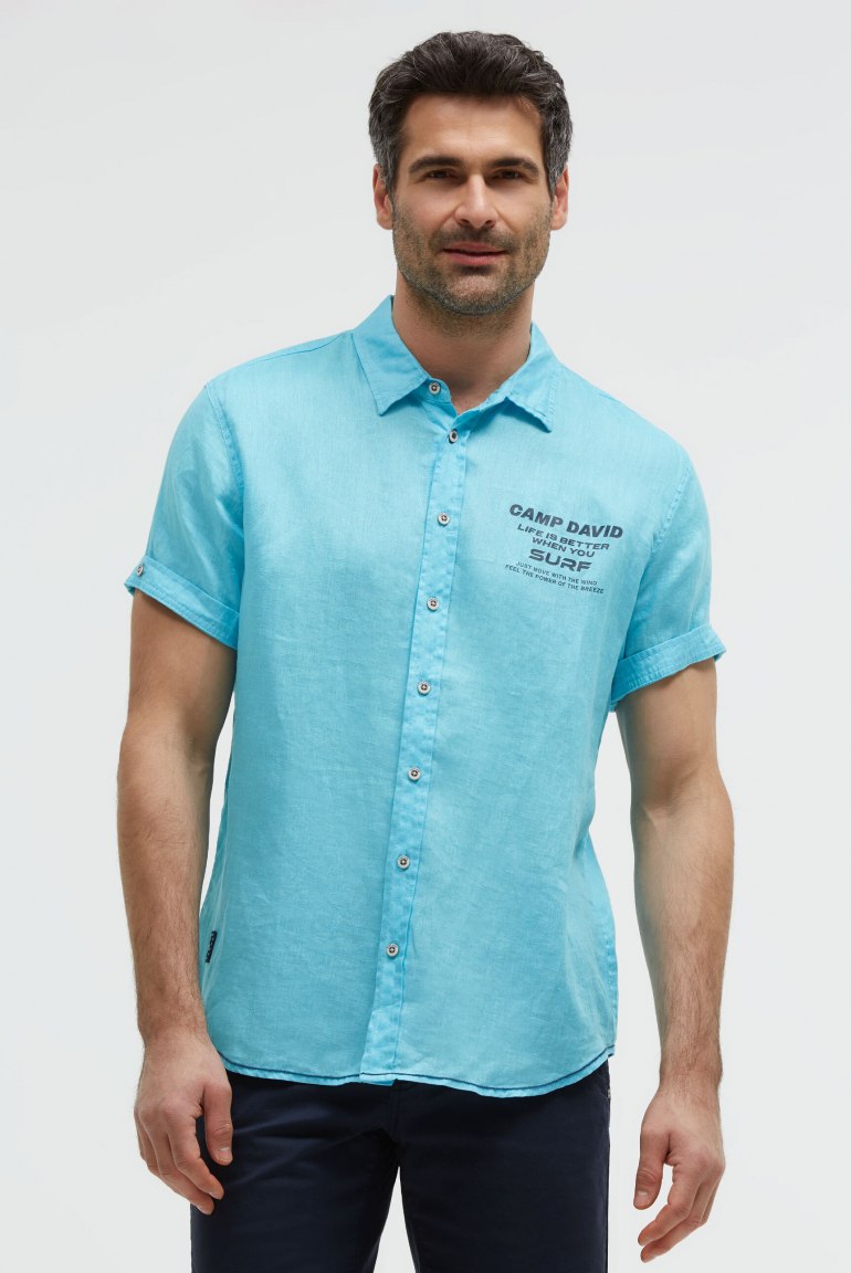 Kurzarmhemd aus Leinen mit Logo Prints aqua