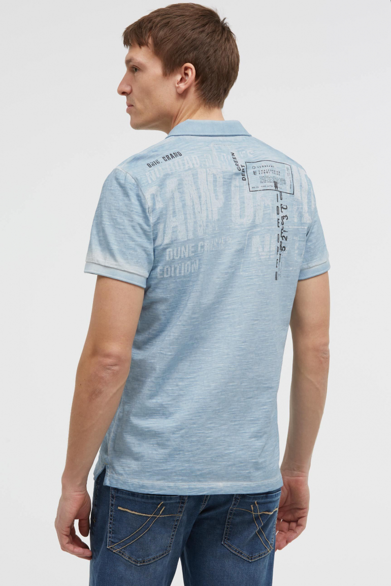 Kurzarmpolo mit V-Neck und Back-Print silver blue