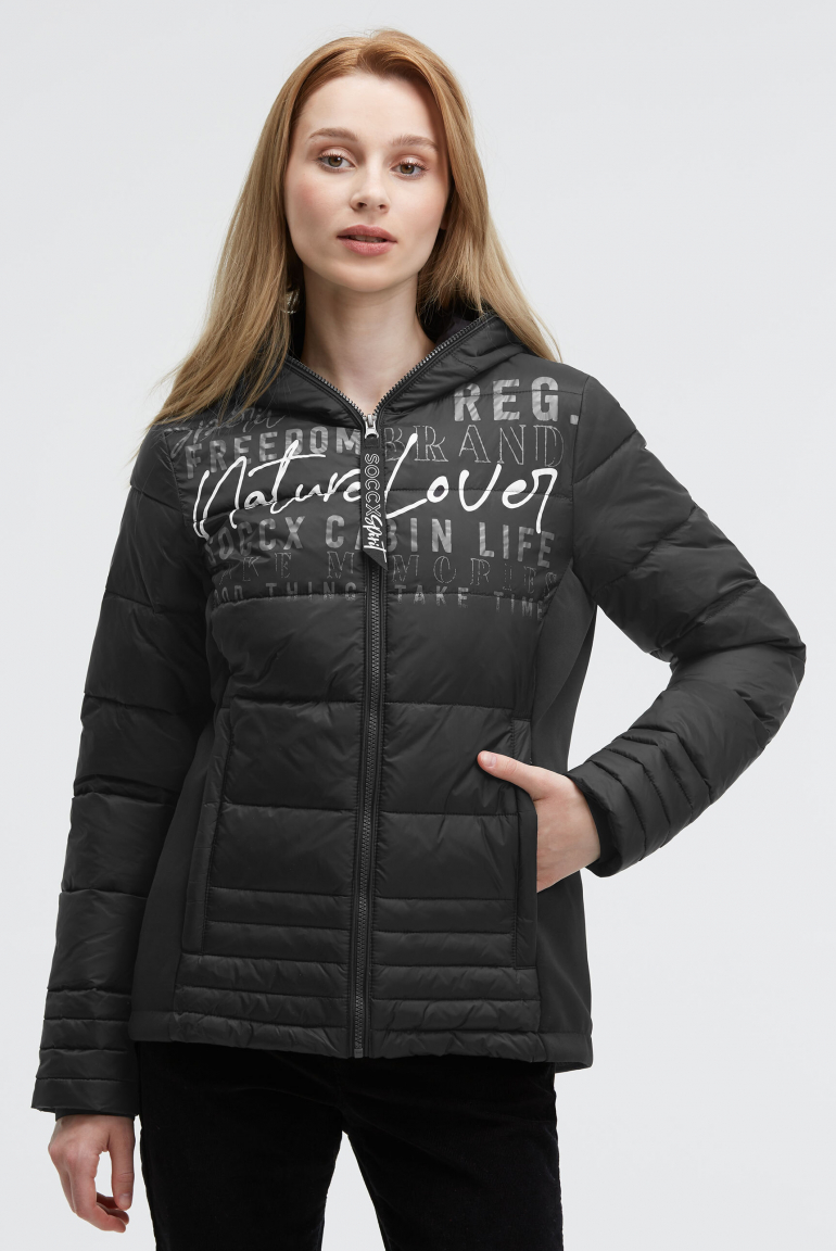 Kurze Steppjacke im Materialmix mit Kapuze black
