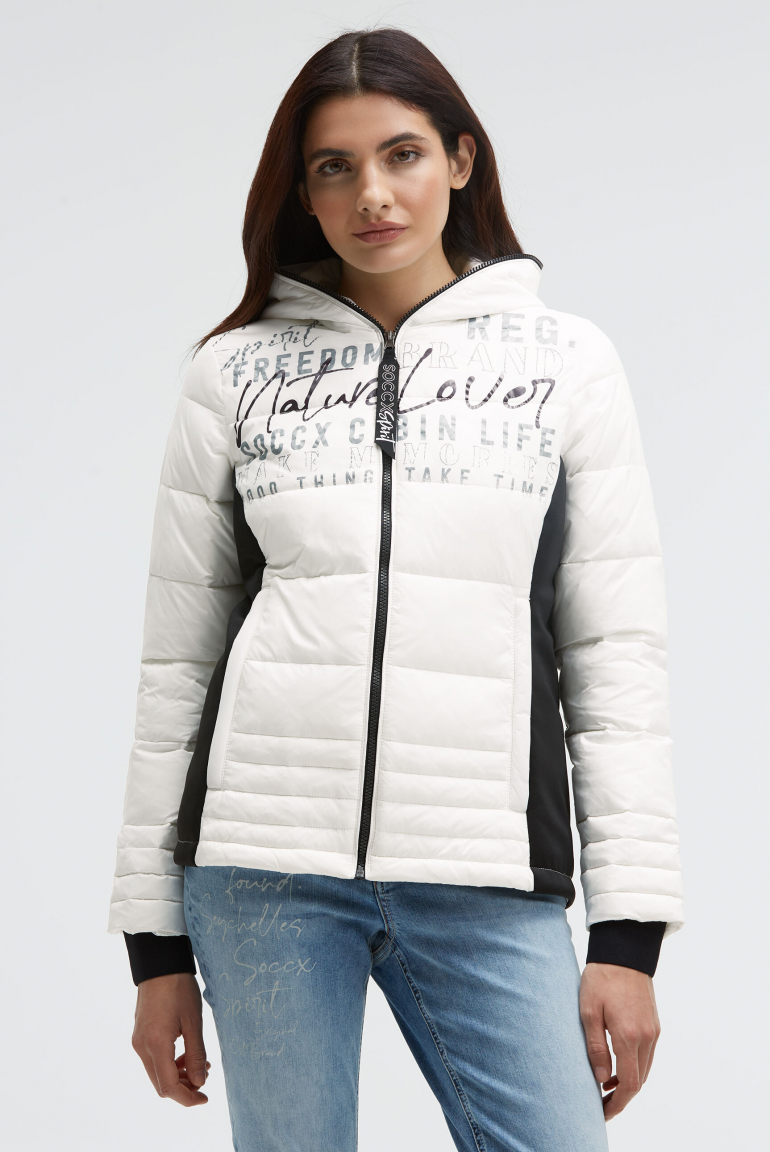 Kurze Steppjacke im Materialmix mit Kapuze ivory