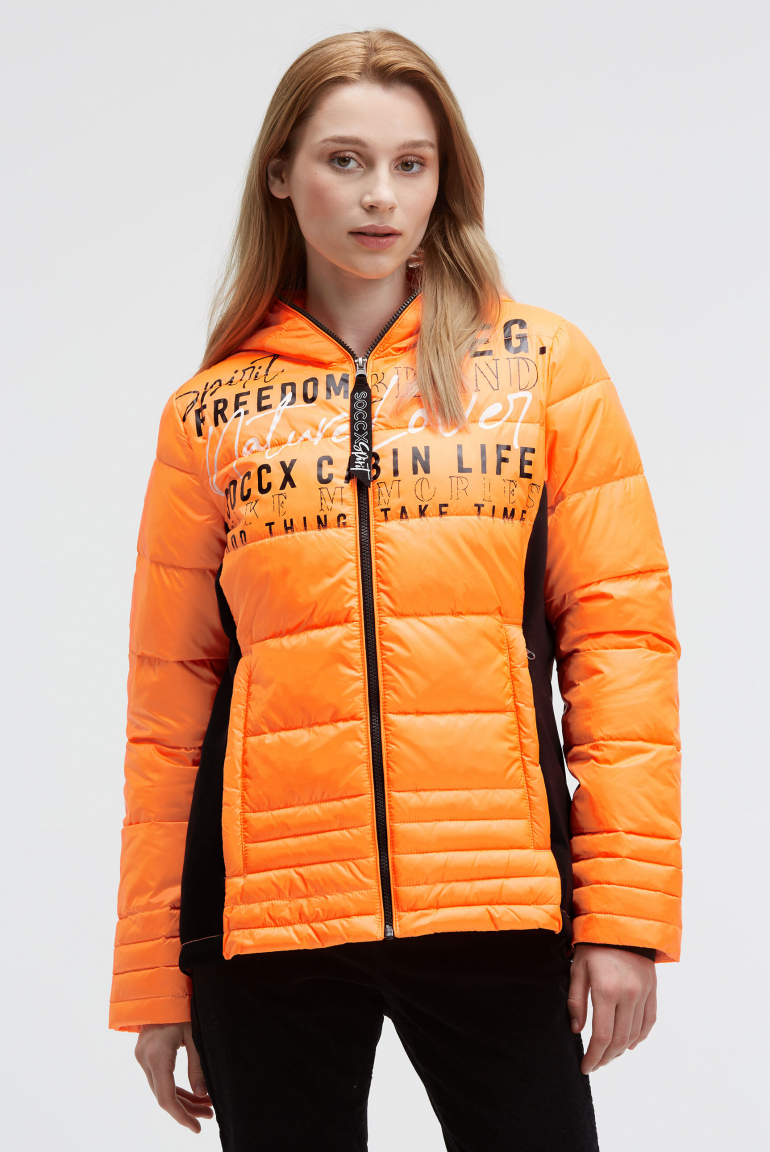Kurze Steppjacke im Materialmix mit Kapuze brilliant orange neon