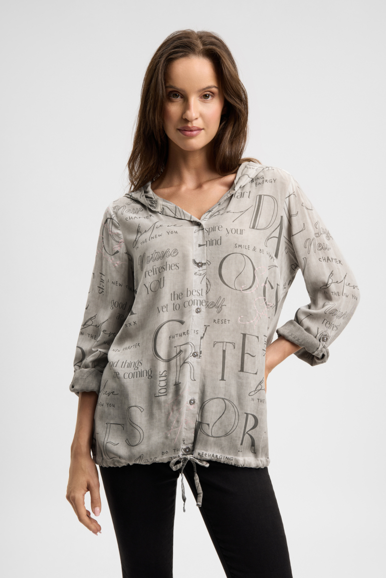Langarmbluse mit Kapuze und All Over Print fresh grey
