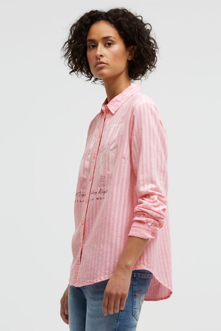 Langarmbluse mit Streifenstruktur und Artwork french rose