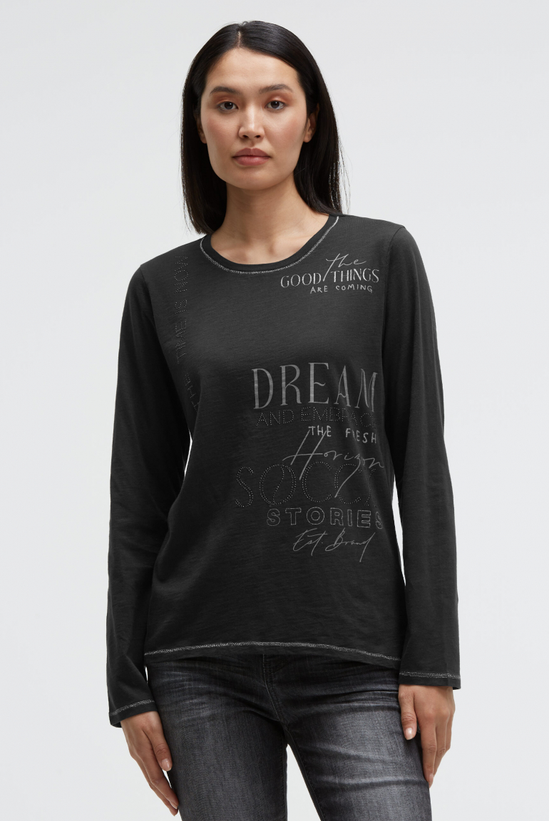 Langarmshirt mit Print und Schmucksteinen black