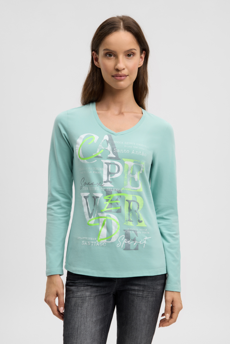 Langarmshirt mit V-Ausschnitt und Wording Print misty mint