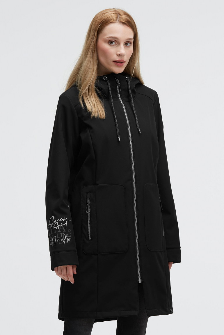 Lange Softshelljacke mit Kapuze und Logo Artworks black