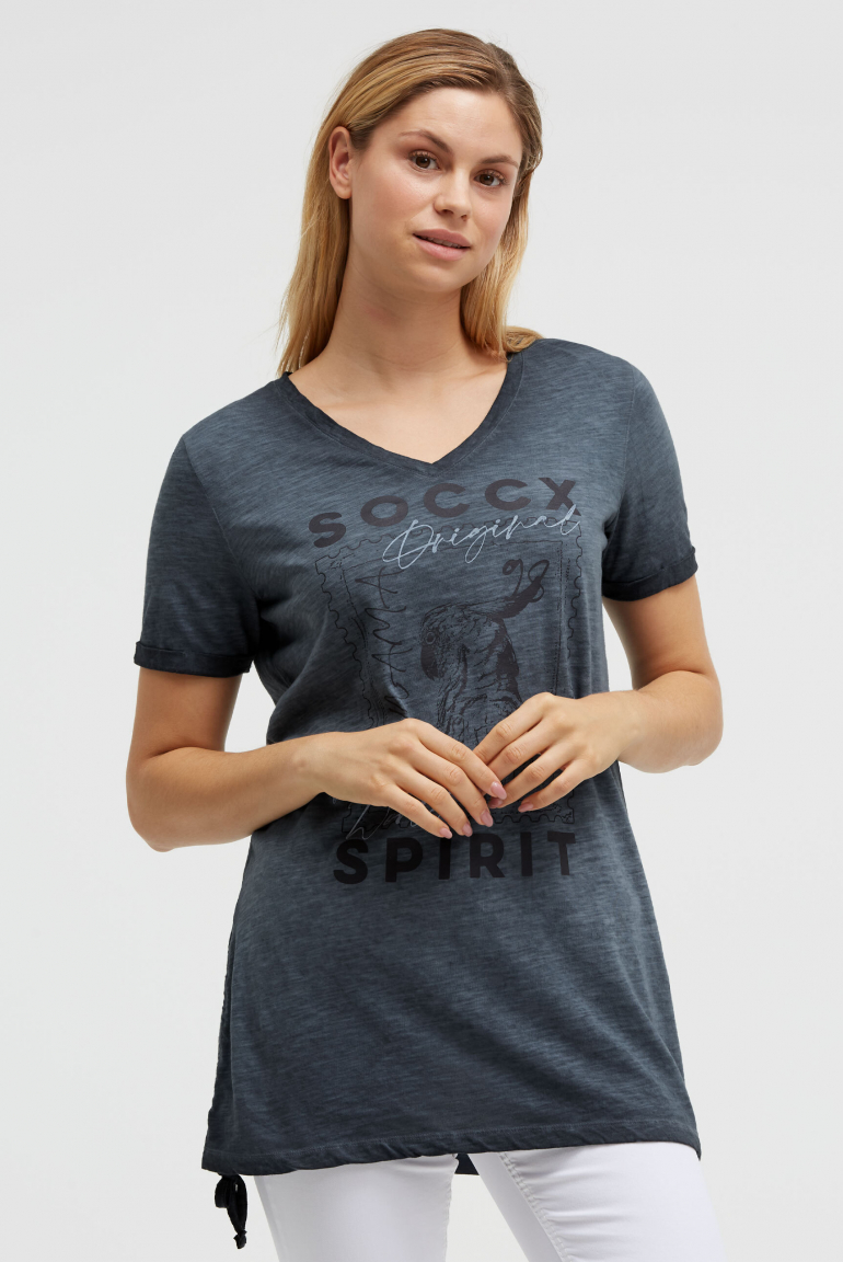 Langes T-Shirt mit Seitenraffung und Print blue navy