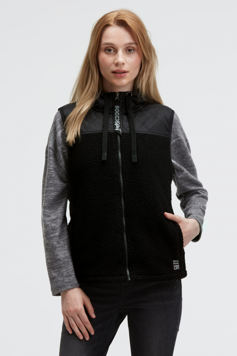 Loop-Fleece-Weste im Materialmix mit Kapuze black