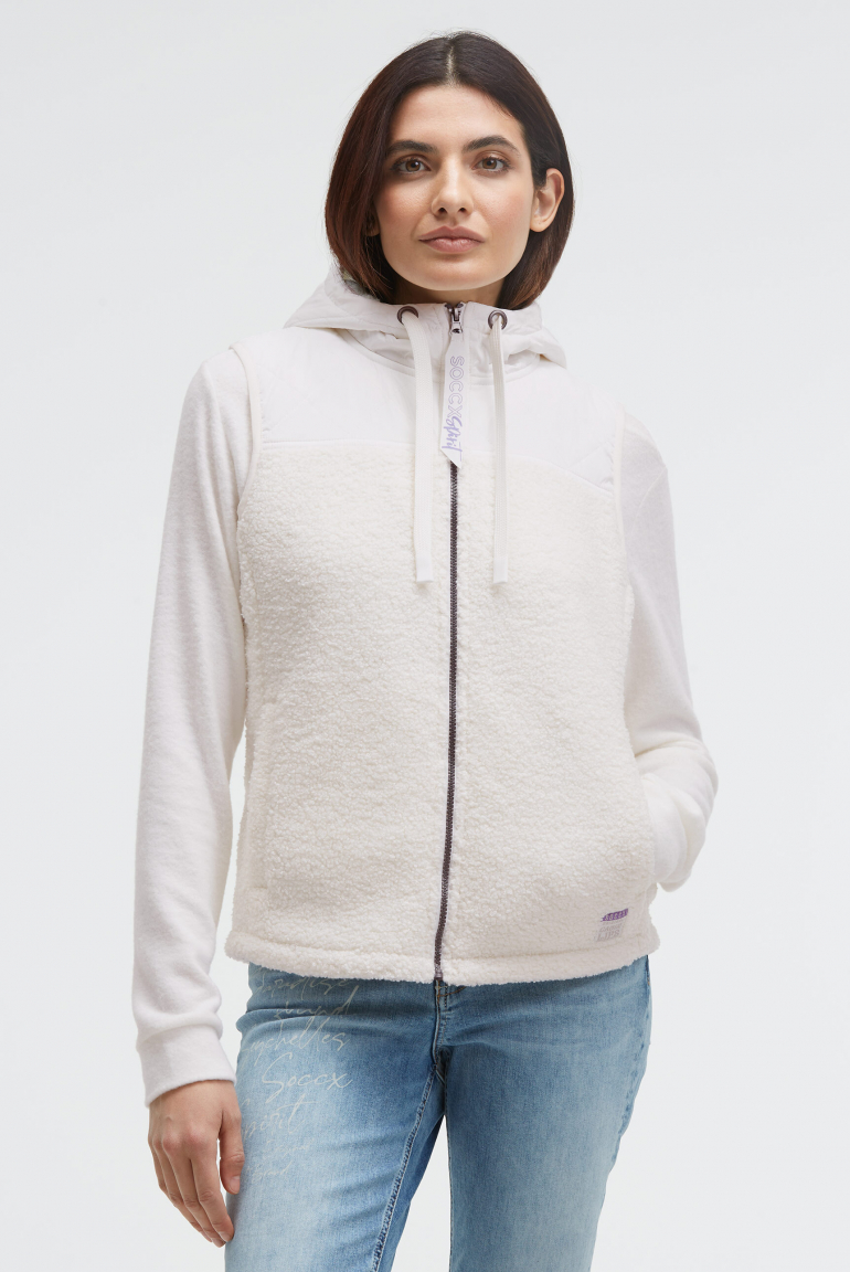 Loop-Fleece-Weste im Materialmix mit Kapuze ivory