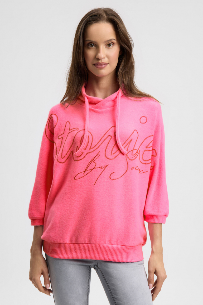 Pullover aus Flauschstrick mit Glitter-Print neon rose