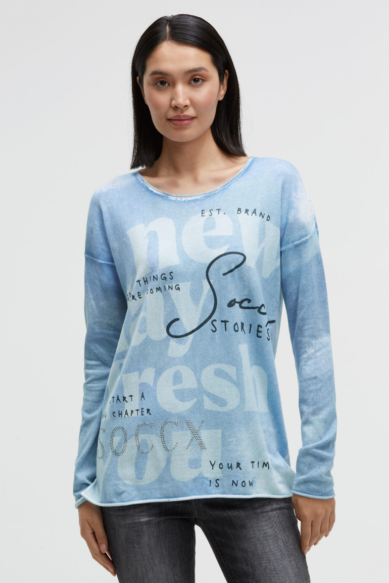 Pullover mit All Over Print und Schmucksteinen blue heaven