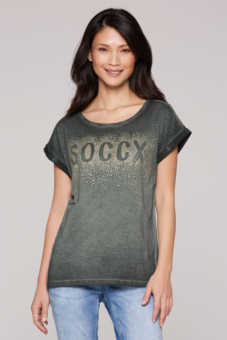 Rundhalsshirt Oil Dyed mit Puffprint-Artwork green shadow