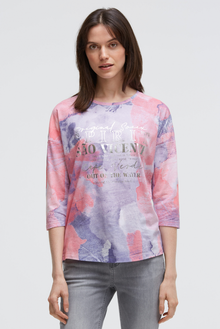 Shirt mit Batik All Over Print und 3/4-Ärmeln apricot sunset