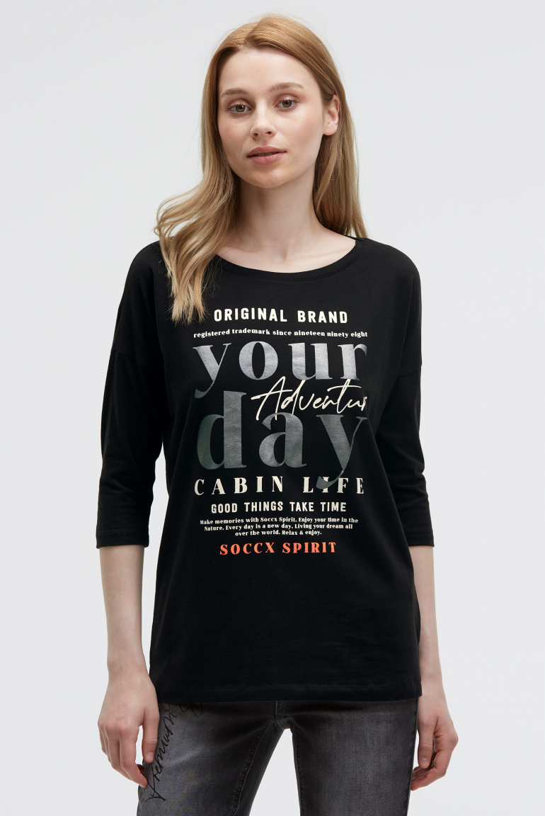 Shirt mit verkürzten Ärmeln und Label Print black