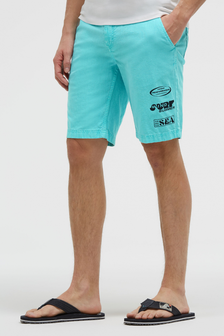 Shorts aus Leinen-Mix mit Label Print aqua