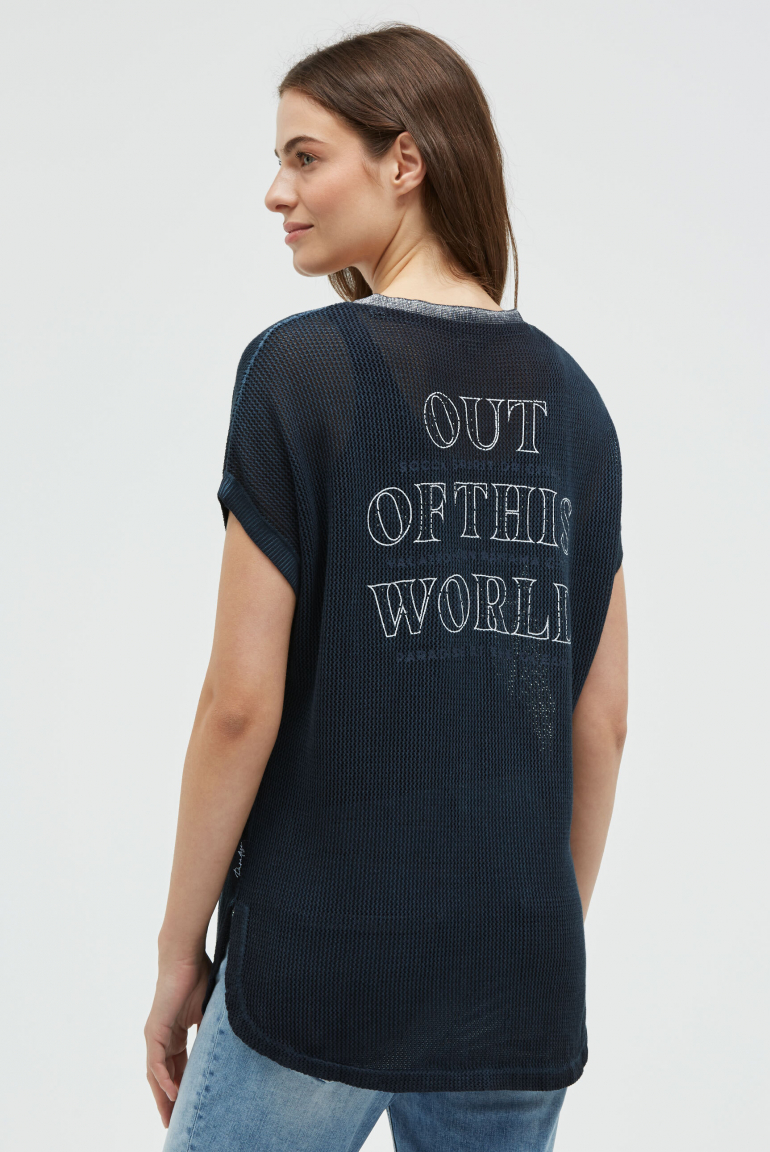 Strickshirt mit V-Ausschnitt und Backprint blue navy