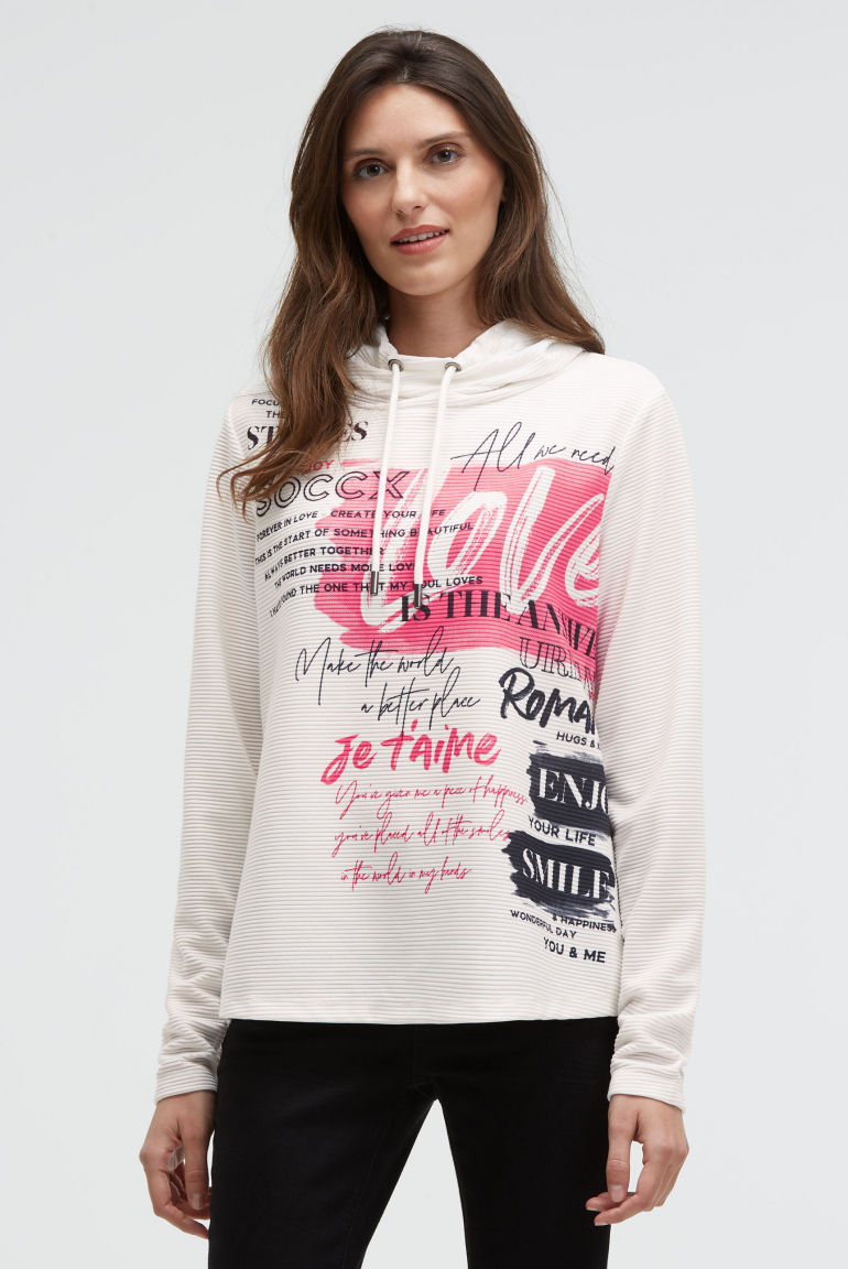 Strukturiertes Sweatshirt mit hohem Kragen und Artwork ivory